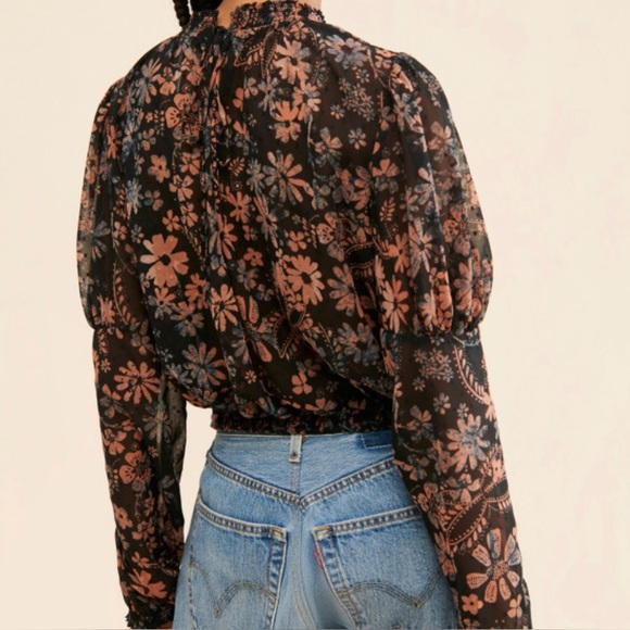 Free People Black and Brown Floral Bohemian Blouse - Picture 2 of 5